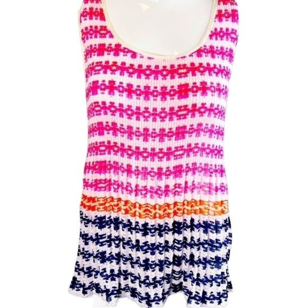 Adrienne Vittadini Pink Purple Neon Accordion Pleated Striped Tank Size Medium